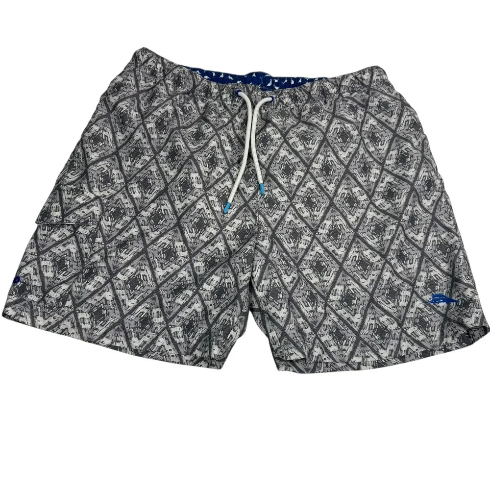 Tommy Bahama Men's Swim Trunks Size L Geometric Print Elastic‎ Waist Blue Logo